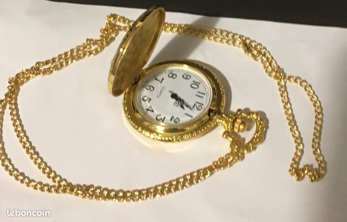 Montre à poche dorée double face de style boîtier en alliage avec chaîne (image 1)