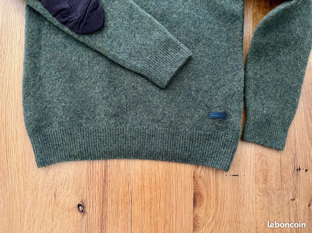 Pull Barbour Homme vert Olive 100% laine coudières marron Taille XS (image 3)