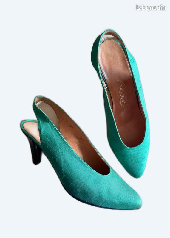 Escarpins talon ouvert toile vert émeraude intérieur cuir taille