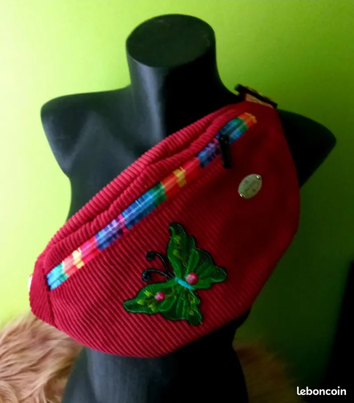 Sac banane femme velours côtelé épais rouge framboise, papillon, pratique pour randonnée, shopping (image 2)