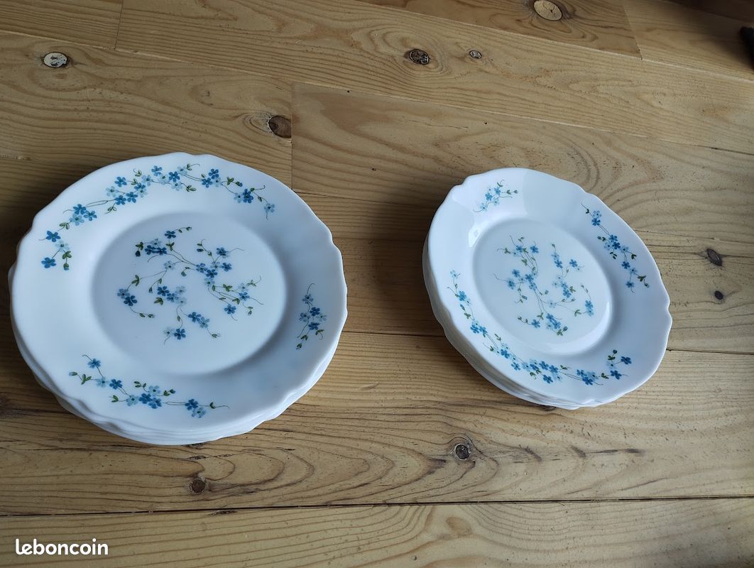 LOT DE 18 ASSIETTES ARCOPAL MYOSOTIS CREUSES,PLATES, DESSERT