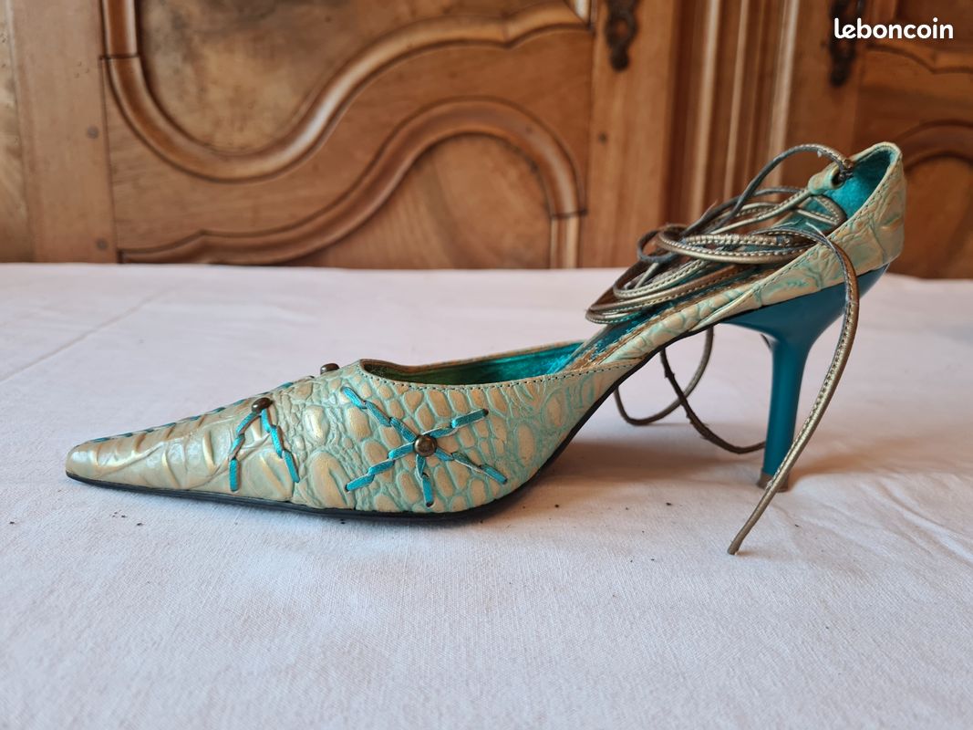Escarpins Fluxa Talons Hauts Ouverts Tout Cuir Turquoise Taille 40 - TBE