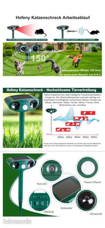 Répulsif Solaire Ultrasons Hofeny - 8m Portée, Détecteur Mouvement, Efficace Contre Chats, Martres, Oiseaux