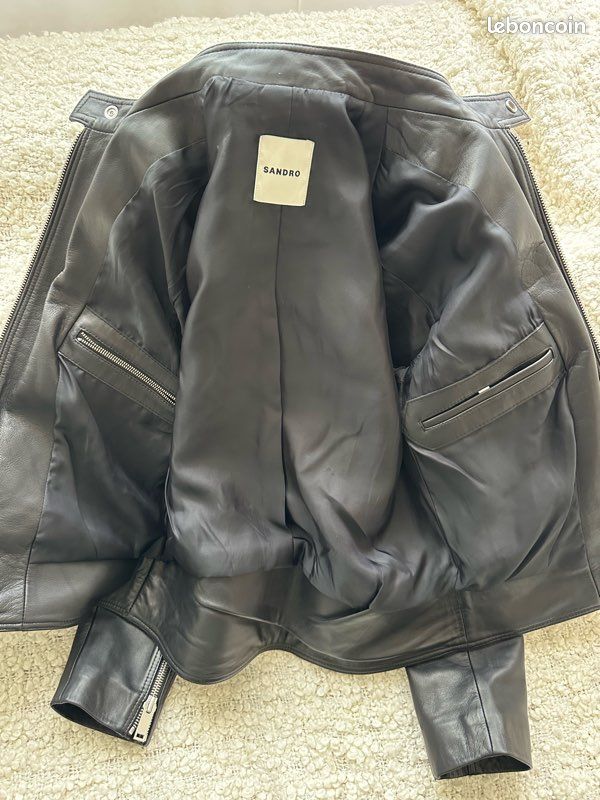 Veste En Cuir Sandro Daytona Noire - Taille S, Style Bomber, Excellent État