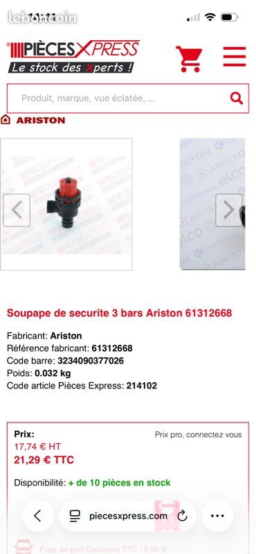 Soupape de sécurité chauffage Chaffoteaux et Maury 61312668 (image 2)