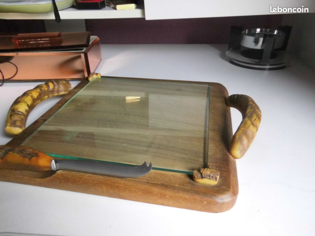 Plateau à fromage vintage Art Déco bois massif verre 26cm bistrot ancien 1950 (image 5)