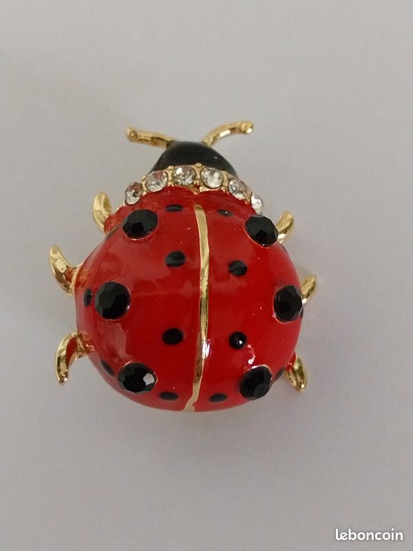 46mm Émail Rouge Noir Coccinelle Broche W / Doré Strass Badge
