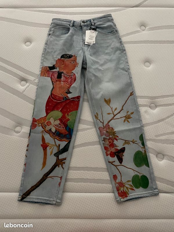 Pantalon Jeans Femme Desigual Vintage - Taille 28 - Motifs Peinture Décorés - Occasion Très Bon état