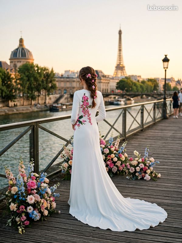 Robe de mariée en crepe avec dentelle, style boheme, NEUVE avec manches longues, taille 36 (image 2)
