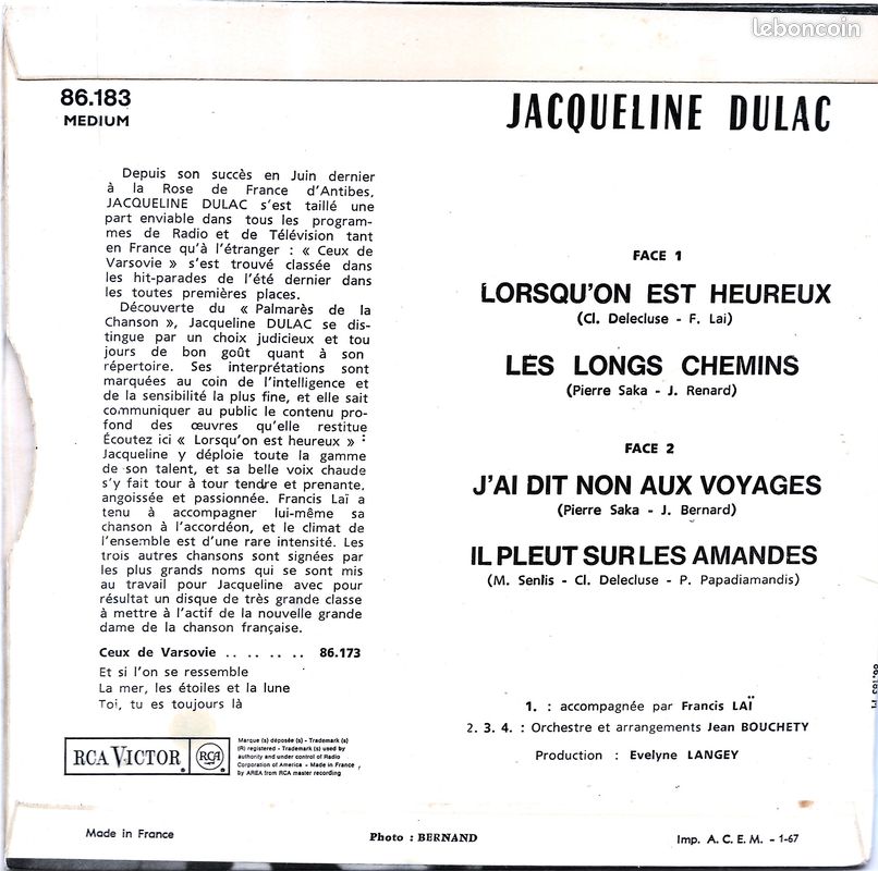 Jacqueline Dulac : Lorsqu'on Est Heureux / Les Longs Chemins / J'ai Dit Non Aux Voyages / Il Pleut Sur Les Amandes [Vinyle 45 Tours 7" EP] 1966 (image 2)