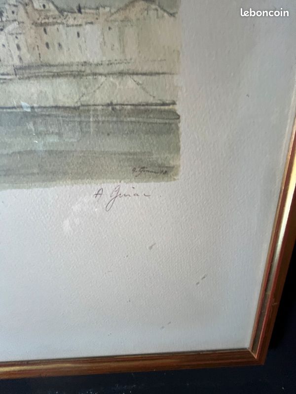 Lithographie signée encadrée. Représentation d’un quai et de sa ville en arrière plan (image 3)