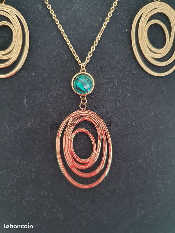 Parure Neuve collier pendentif et boucles d'oreilles Acier et Malachite (image 5)