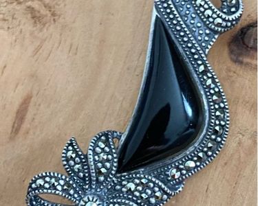 Ancienne Broche En Argent Massif 850 Avec Onyx - Bijou Vintage Occasion