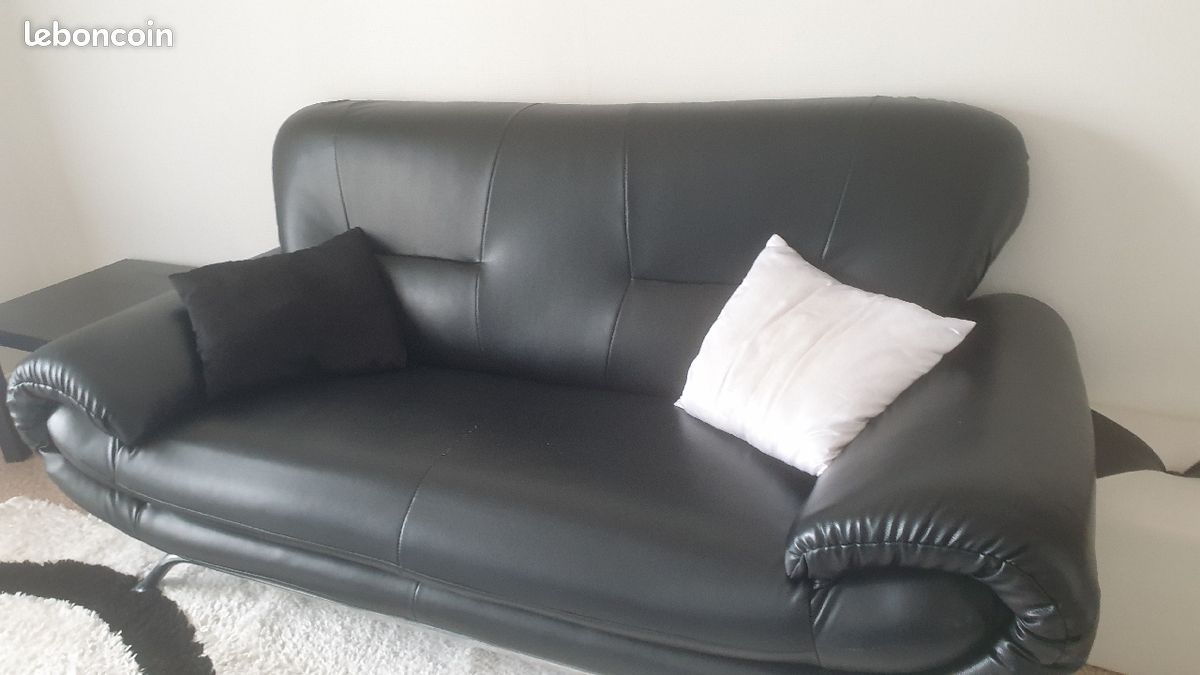 2 Canapé en cuir noir et 2 pouf (image 3)