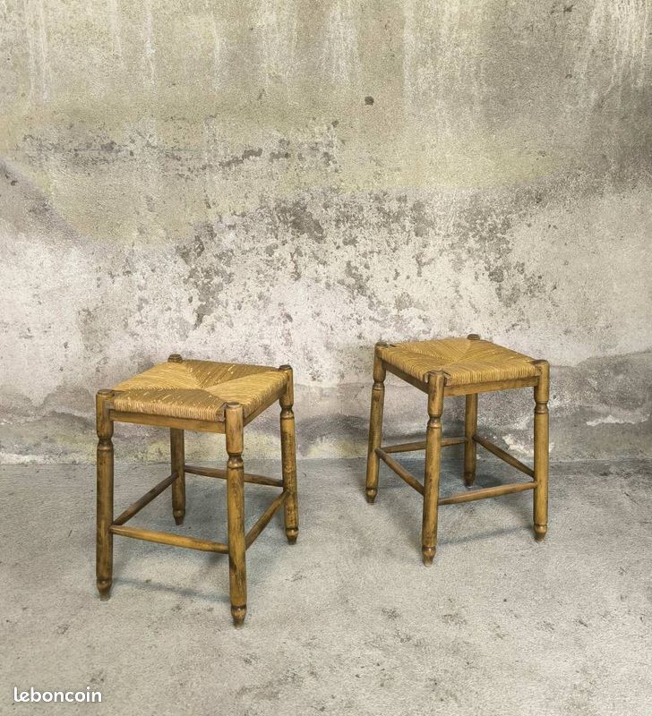 Tabouret Rustique Vintage En Bois Et Paille - H34cm - Marque H&H