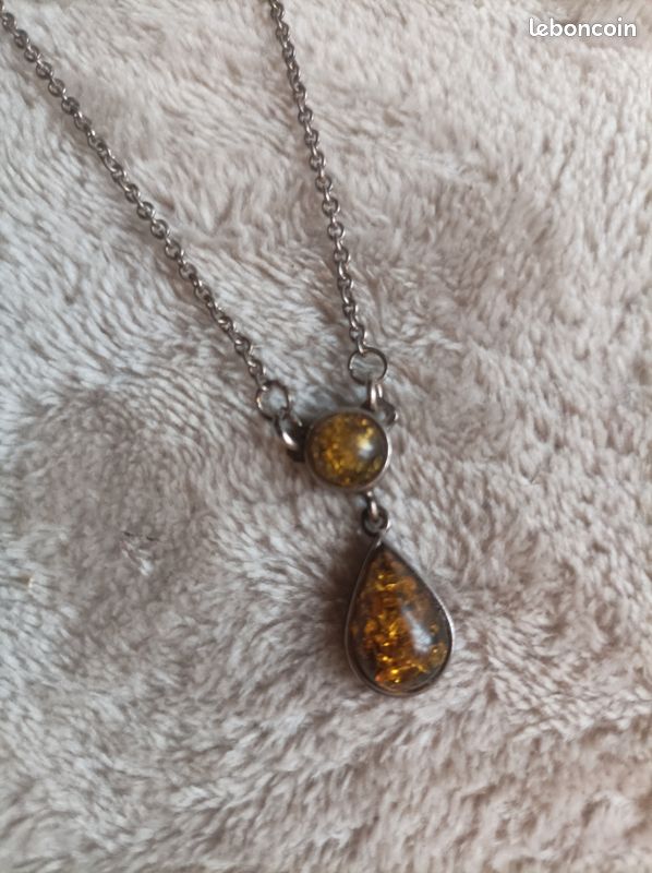 Collier Avec 2 Pendentifs Ambre Naturel En Forme De Goutte Et Cœur - Chaîne En Argent Sterling