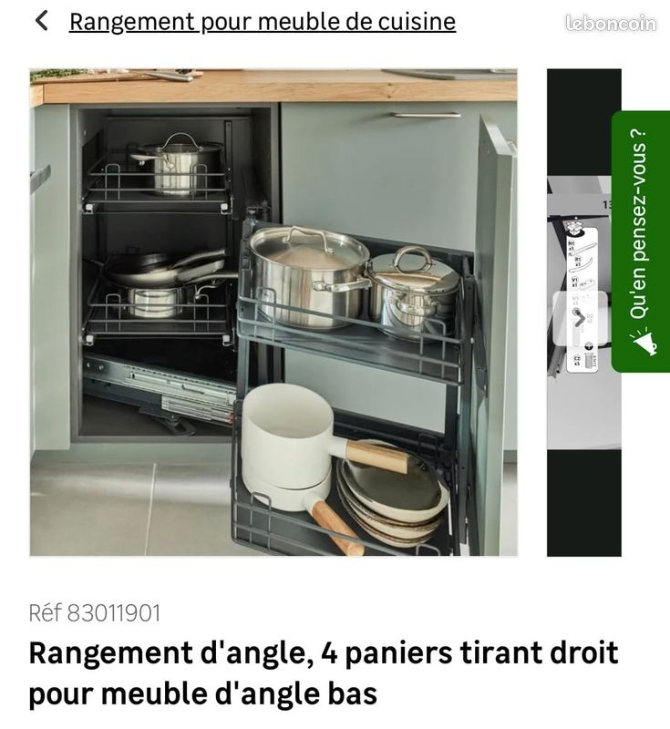 Rangement d'angle, 4 paniers tirant droit pour meuble d'angle bas