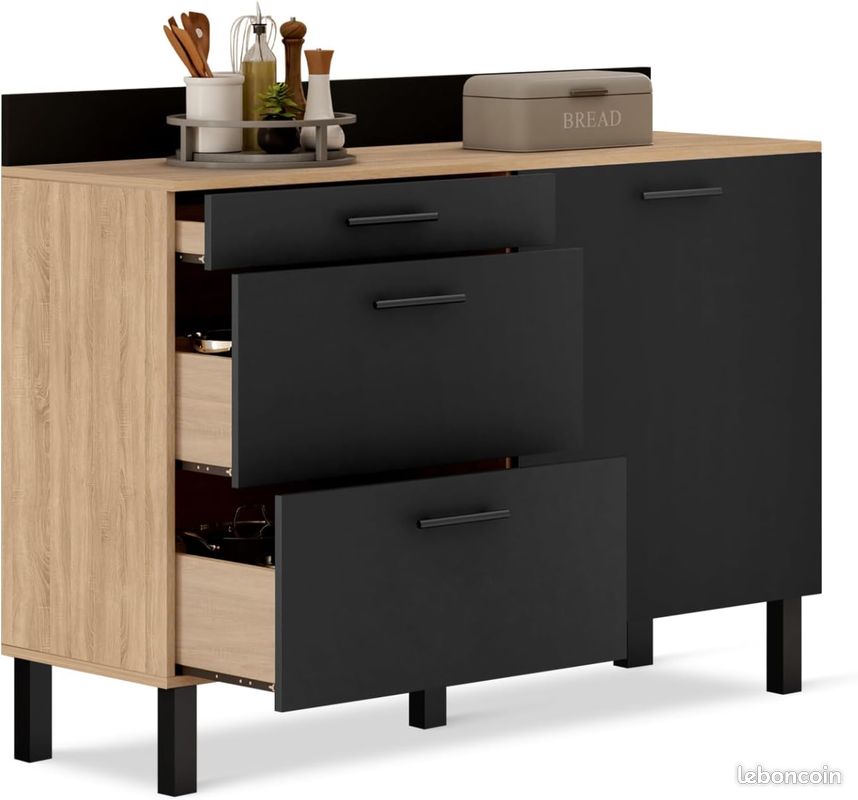 Buffet Bas Casserolier de Cuisine 120 cm - Plan de Travail Hauteur 83 cm - Coloris Hêtre et Noir (image 1)
