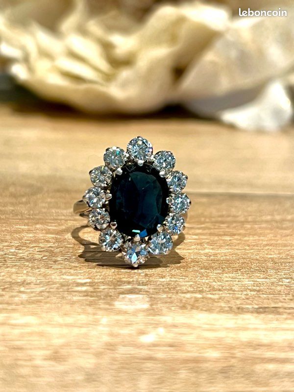 BAGUE POMPADOUR OR BLANC 18K SAPHIR & DIAMANTS - OCCASION