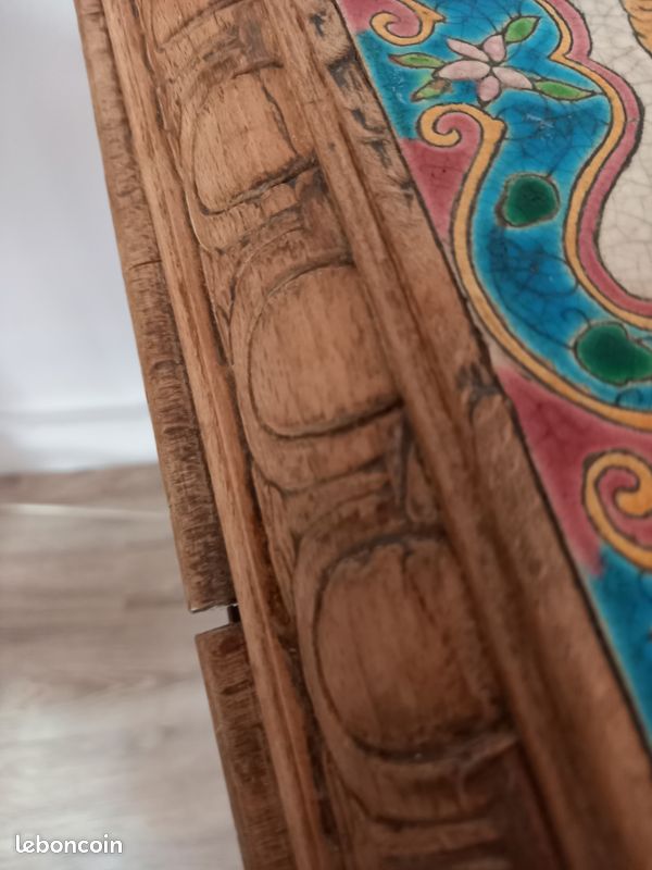 Ancien dessous de plat en faïence et bois, vintage - France