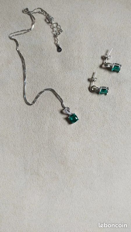 Parure Ancienne En Argent Massif 925 - Rubis, émeraude, Saphir, 13,33g, Boucles D'oreilles Et Pendentif