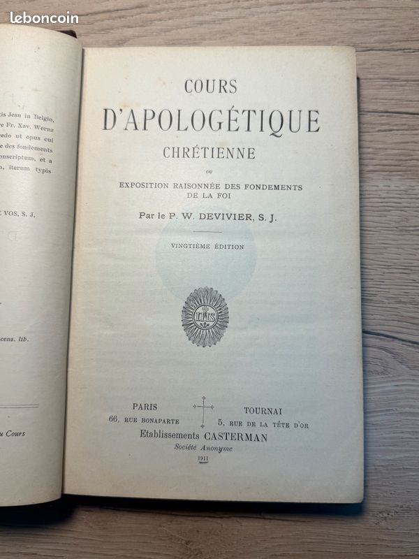 Cours d’Apologétique Chrétienne – P. DeVivier, 20e éd. 1911 (image 3)
