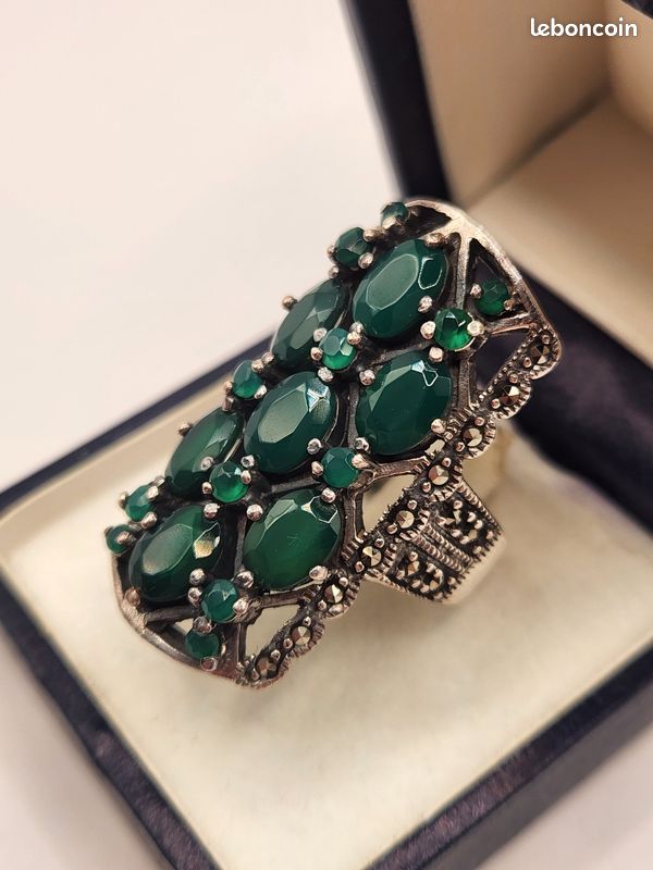 Bague Argent 925 Ornée D'une Pierre Verte Et De Marcassites - Taille 2 (environ) - Occasion