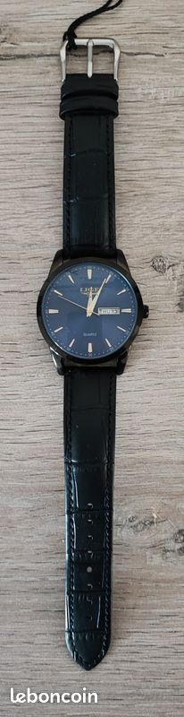 Montre Homme - Cadran Bleu Avec Roues - Bracelet Cuir Noir - Référence LBB079L - Neuf Avec étiquettes