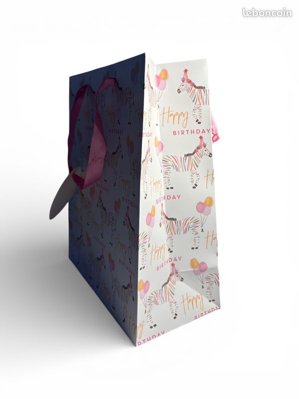 Sac cadeau “Happy Birthday” wilko motif zèbre Joyeux Anniversaire 21,5 x 25,5 x 10 cm – Neuf (image 2)