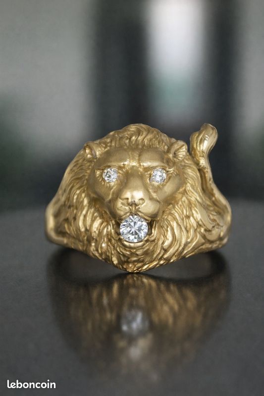 Bague Tête De Lion Occasion - Taille 55, Couleur Dominante Blanc (argent Ou Plaqué Or)