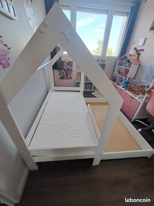 Lit cabane enfant blanc 80x160 avec matelas, sommier et tiroir (image 2)