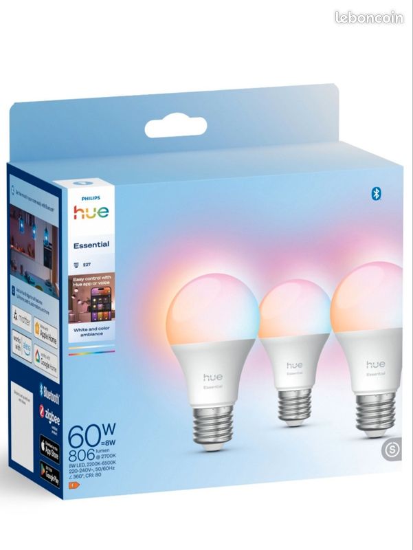 Lot de 3 ampoules Philips Hue E27 Essential (équivalent 60 watts) (image 1)