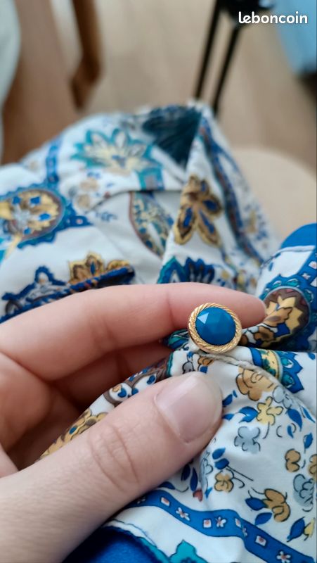 Blouse bleue blanc vintage col volanté imprimé folk bohème 70s 80s (image 3)