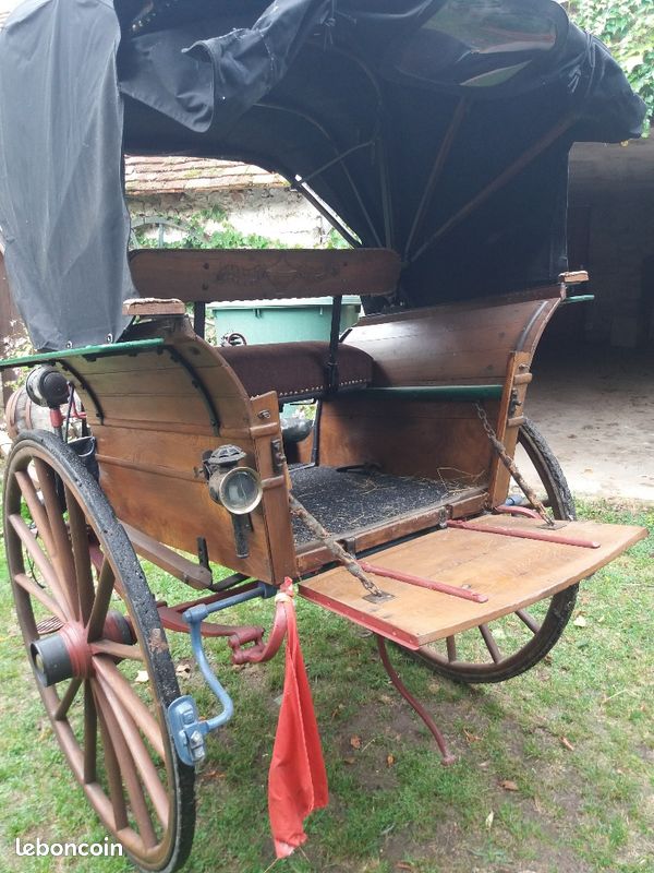 Jouet Miniature Ancien – Cabriolet Hippomobile – Chevaux, Bois, Papier Mâché – XIXème