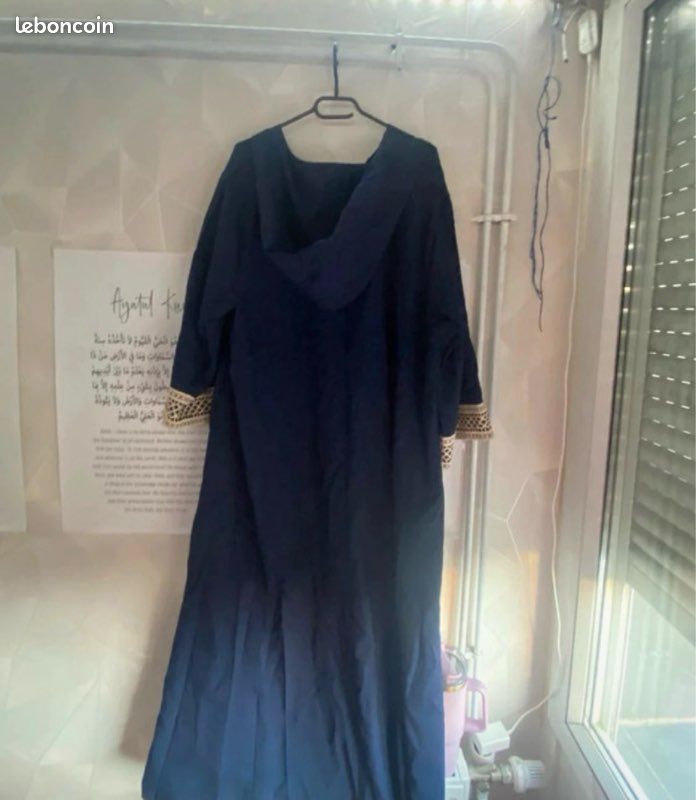 Djellaba bleu broderies dorées capuche - robe orientale élégante Aïd / soirée - taille unique (image 3)