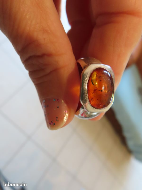 Bague En Argent Massif Avec Cabochon D'ambre Miel - Taille 53 (française) - Occasion
