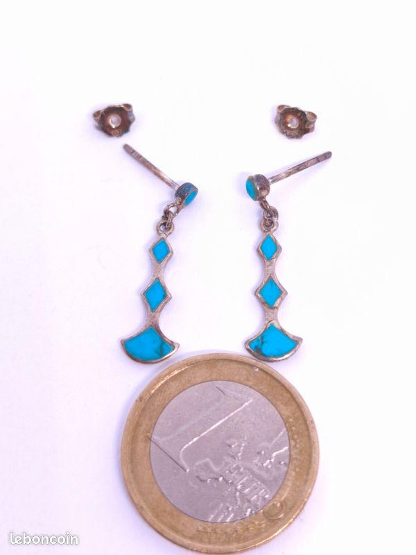 Boucles D'oreilles Vintage Argent 925 Turquoises 28x13mm - Modèle Puces, Occasion
