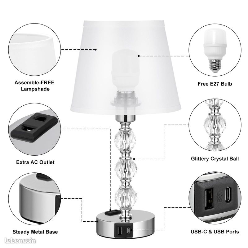 Kakanuo Lampe de Chevet Tactile avec Ports USB-A+C+Prise CA, 3 Intensité Variable, Lampe en Cristal Lot de 2, Abat-jour Blanc, Lampes de Table pour Chambre Salon D'enfant Bureau (Ampoules Incluse) [Cl (image 8)