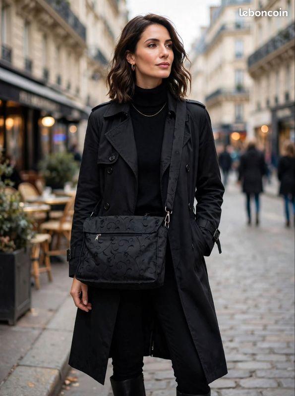 Sac bandoulière noir élégant à motifs fleuris – plusieurs poches (image 3)