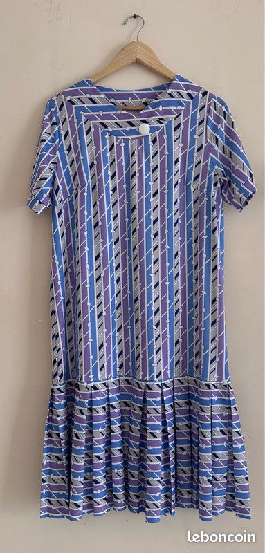 Robe vintage plissée Made in France Motif géométrique violet & bleu Taille 3 (42/44) (image 7)