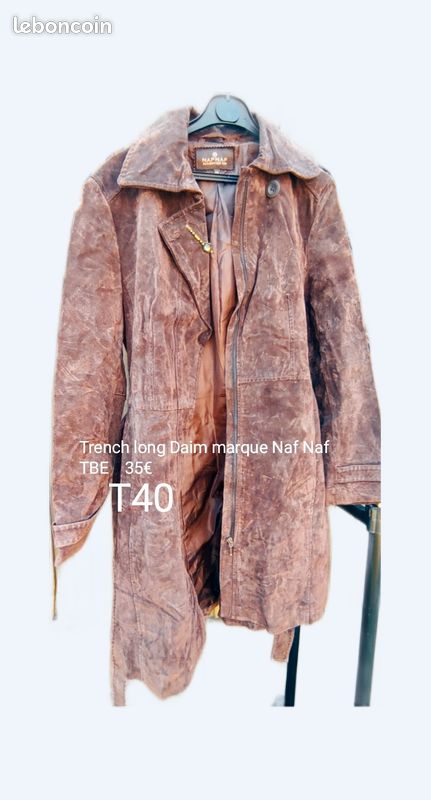 Veste Longue Style Trench Vintage Naf-Naf En Coton - Taille 1 - Noir - Occasion Très Bon état