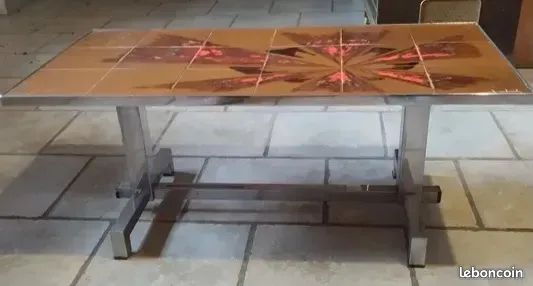 Table basse vintage année 60 70 céramique carrelée pieds chromés signée (image 1)