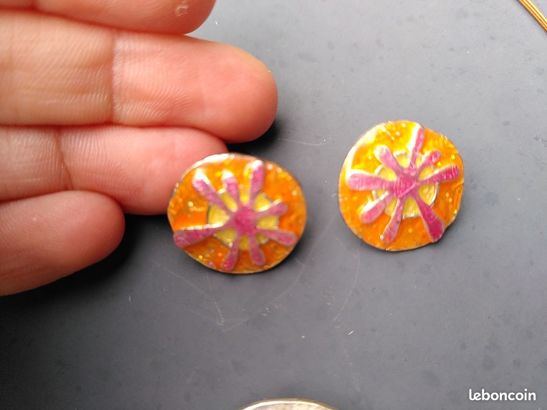 Parure de bijoux collier bague boucles d'oreilles orangée rose jaune (image 3)