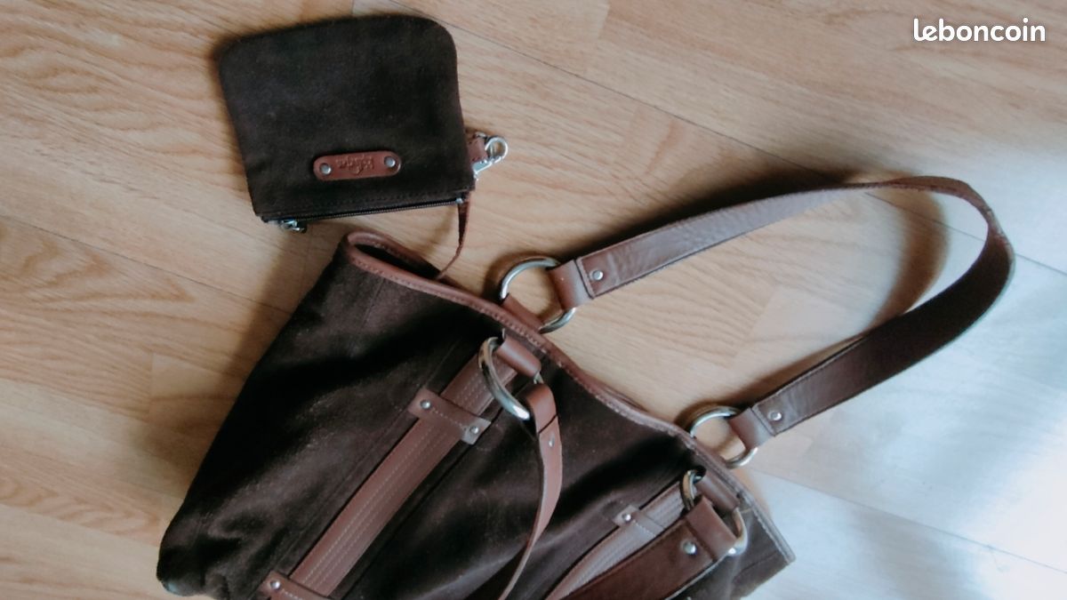 Sac vintage en cuir et daim marron + porte monnaie Kipling (image 2)