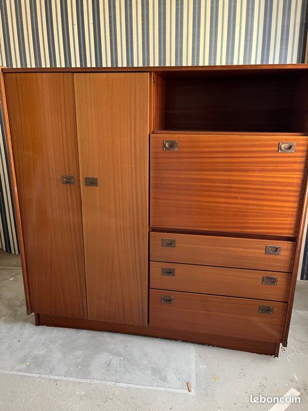 Chambre vintage armoire + lit + sommier + chevet bois massif (image 6)
