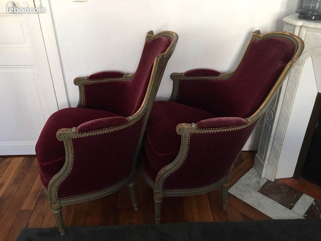 Paire fauteuils anciens patinés dorés 2 bergères Louis XVI tissu velours laine bordeaux Lelièvre (image 3)
