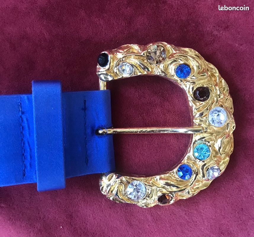 Boucle De Ceinture Vintage En Métal émaillé Bleu - Motif Fleurs - Sans Marque