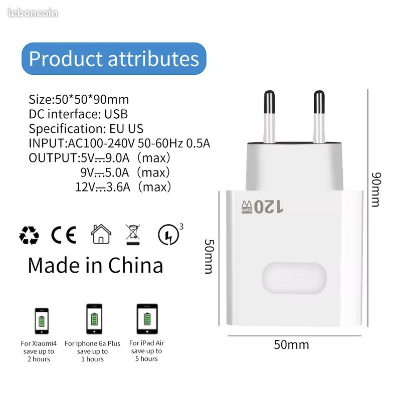 Chargeur super rapide pour Smartphone 120W USB-A et USB-C -NEUF (image 3)