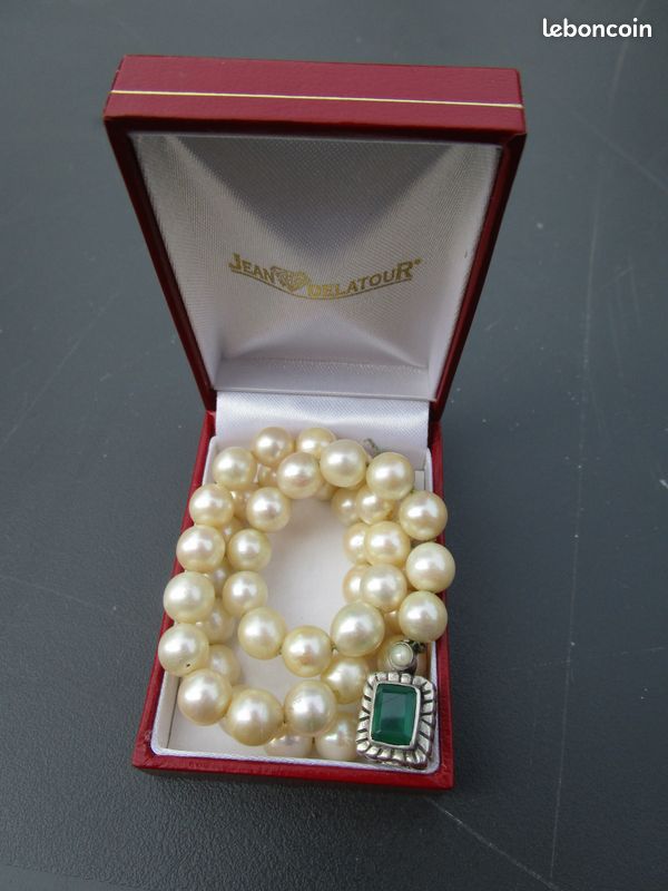 Collier Perles Et émeraudes Naturelles - Attache Plaqué Or Blanc 18k - Bijou Occasion En Bon état