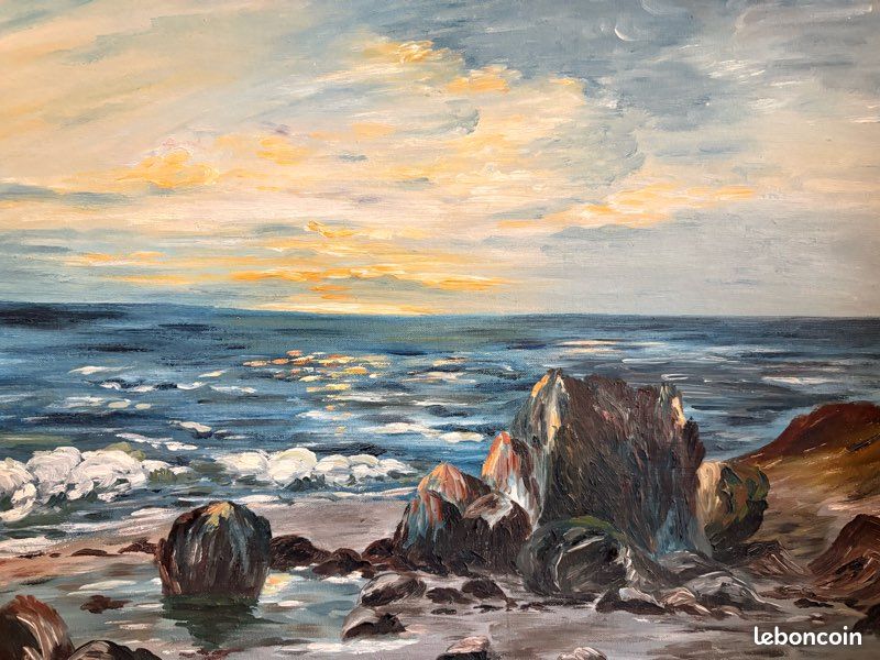 Tableau Huile Sur Toile 'Mer Du Nord Et Toit De Chaume' - Pointillisme Signé, 50x75cm, XIXe Siècle